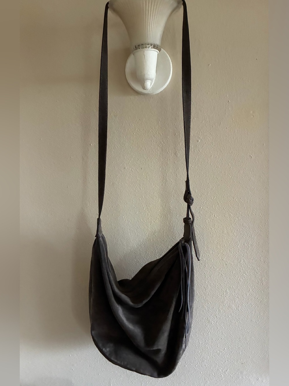 Eileen Fisher Gray Suede Shoulder Bag Zip Closure Beige Cotton Lining